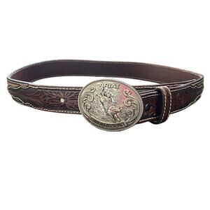 Ariat Boys Size 28 Rodeo Champion Belt Silver Tone Buckle Tooled Brown Leather